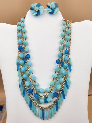 Mid Century Gold Tone/Shades of Blue Lucite Beaded 16" Statement Necklace and Matching Earrings Germany