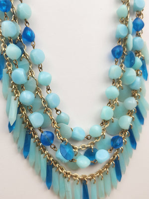 Mid Century Gold Tone/Shades of Blue Lucite Beaded 16" Statement Necklace and Matching Earrings Germany