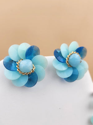 Mid Century Gold Tone/Shades of Blue Lucite Beaded 16" Statement Necklace and Matching Earrings Germany