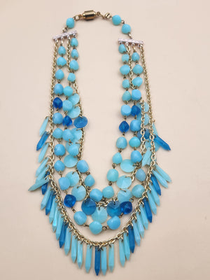 Mid Century Gold Tone/Shades of Blue Lucite Beaded 16" Statement Necklace and Matching Earrings Germany