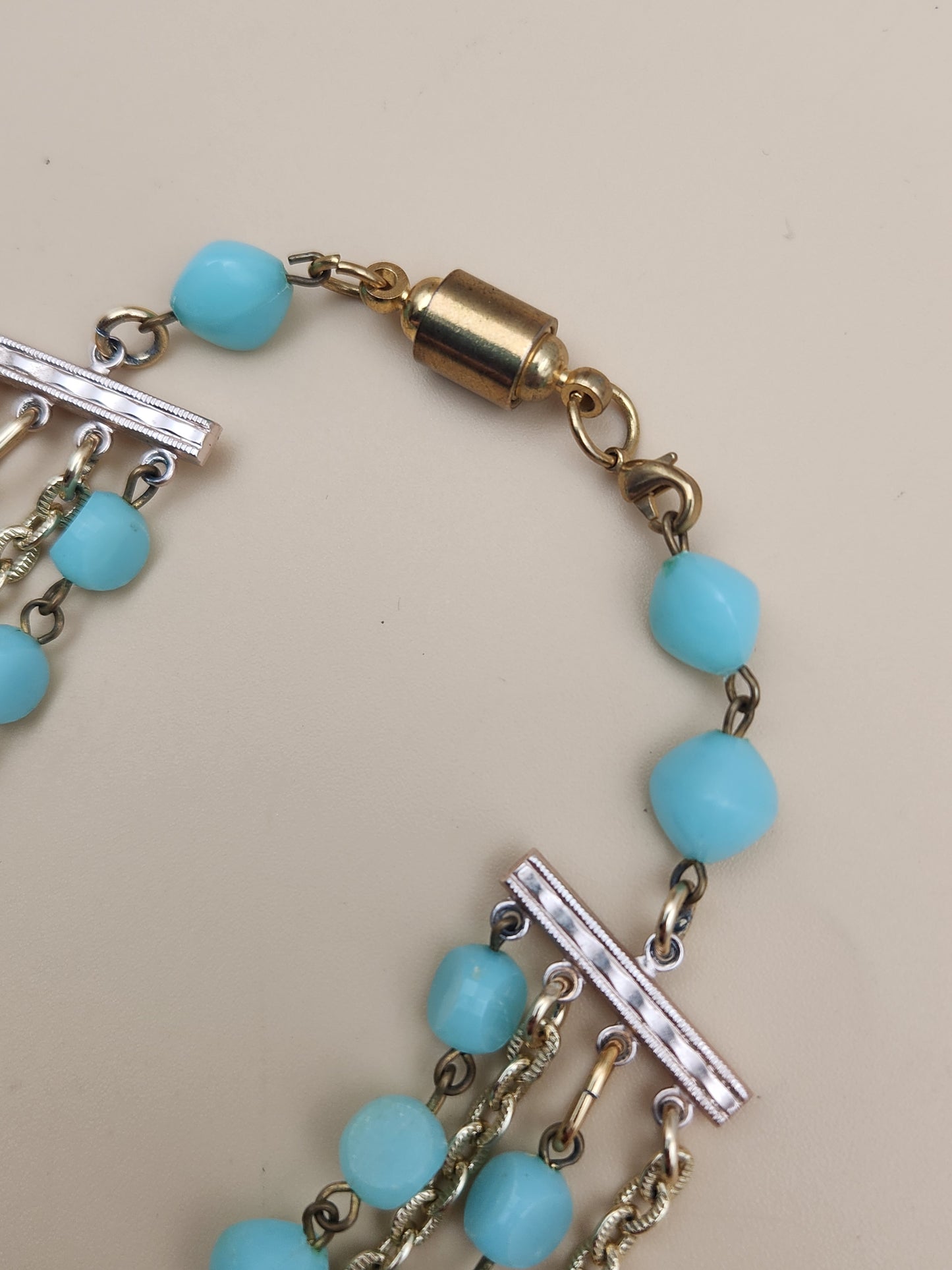 Mid Century Gold Tone/Shades of Blue Lucite Beaded 16" Statement Necklace and Matching Earrings Germany
