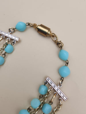 Mid Century Gold Tone/Shades of Blue Lucite Beaded 16" Statement Necklace and Matching Earrings Germany