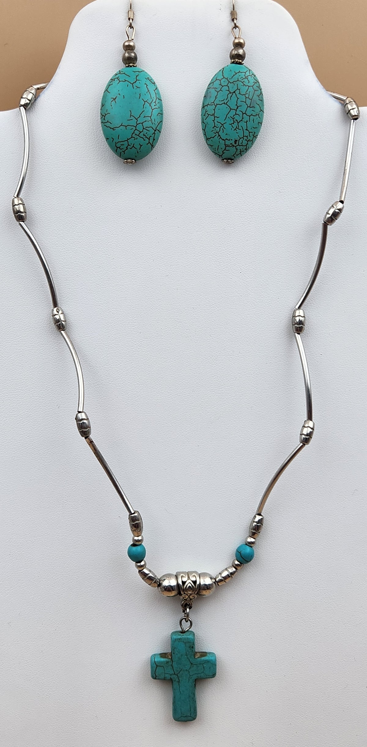 Faux Turquoise/Silver Tone/Cross Pendant/ Adjustable18"-20" Necklace with Oval Dangle Earrings