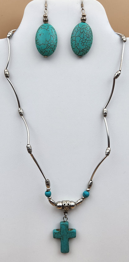 Faux Turquoise/Silver Tone/Cross Pendant/ Adjustable18"-20" Necklace with Oval Dangle Earrings