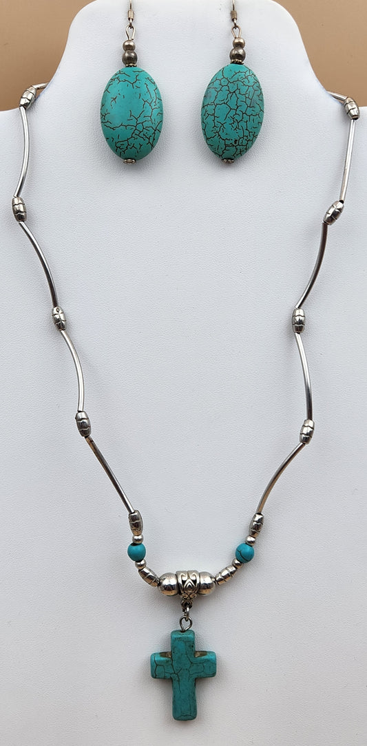 Faux Turquoise/Silver Tone/Cross Pendant/ Adjustable18"-20" Necklace with Oval Dangle Earrings