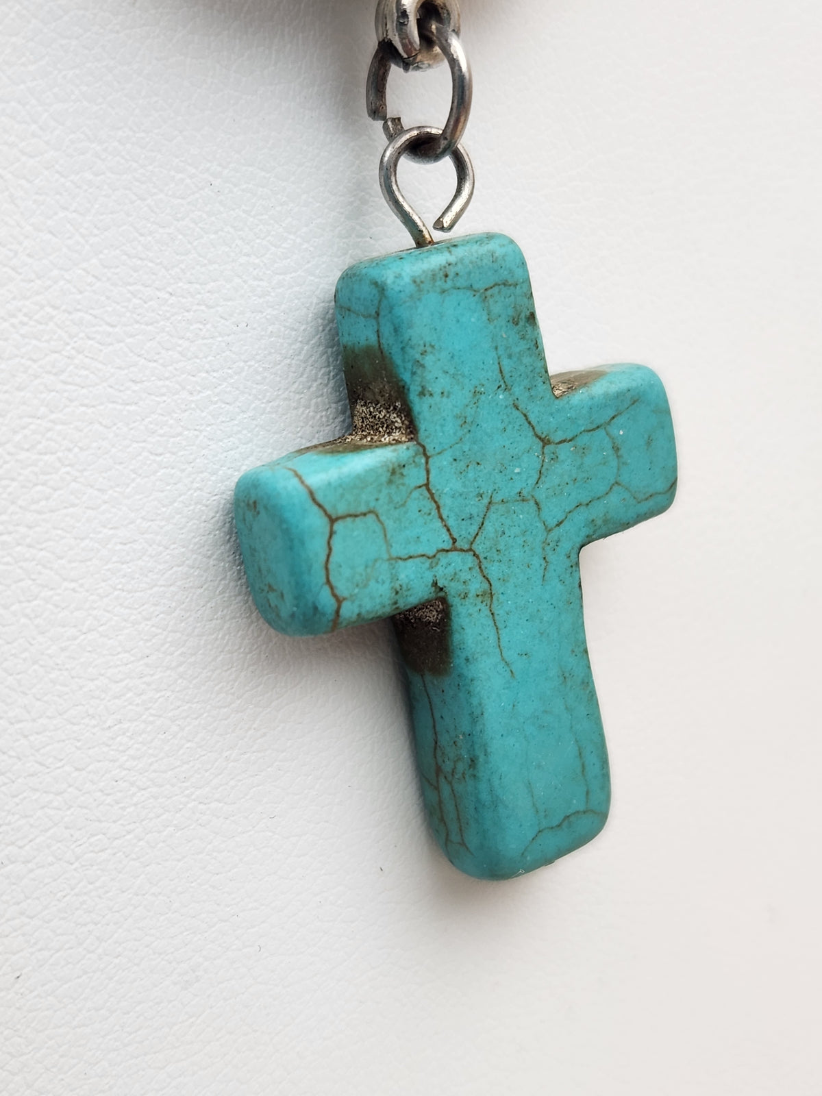 Faux Turquoise/Silver Tone/Cross Pendant/ Adjustable18"-20" Necklace with Oval Dangle Earrings