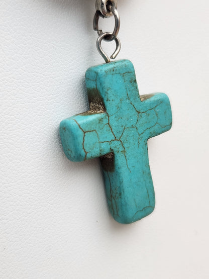 Faux Turquoise/Silver Tone/Cross Pendant/ Adjustable18"-20" Necklace with Oval Dangle Earrings