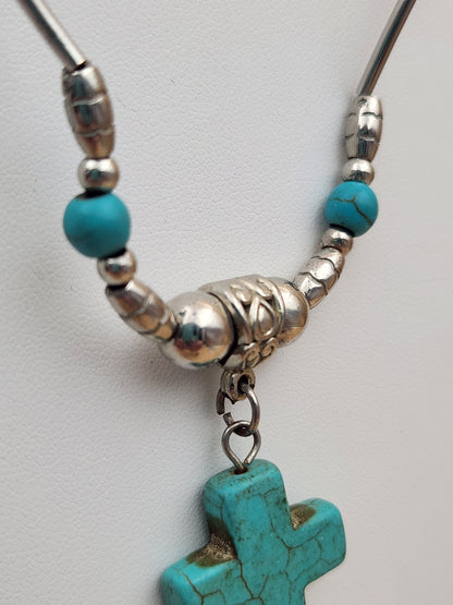 Faux Turquoise/Silver Tone/Cross Pendant/ Adjustable18"-20" Necklace with Oval Dangle Earrings