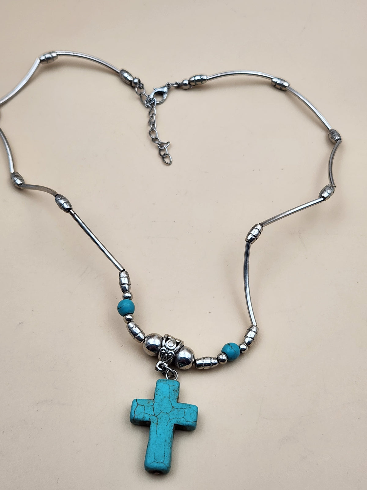 Faux Turquoise/Silver Tone/Cross Pendant/ Adjustable18"-20" Necklace with Oval Dangle Earrings