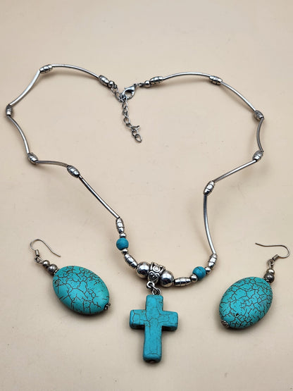 Faux Turquoise/Silver Tone/Cross Pendant/ Adjustable18"-20" Necklace with Oval Dangle Earrings