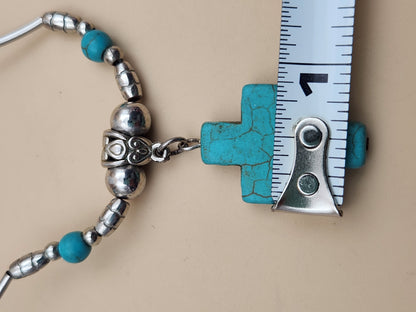 Faux Turquoise/Silver Tone/Cross Pendant/ Adjustable18"-20" Necklace with Oval Dangle Earrings