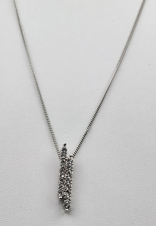 16"Silver Tone Necklace with Rhinestone Double Row Bar Pendant