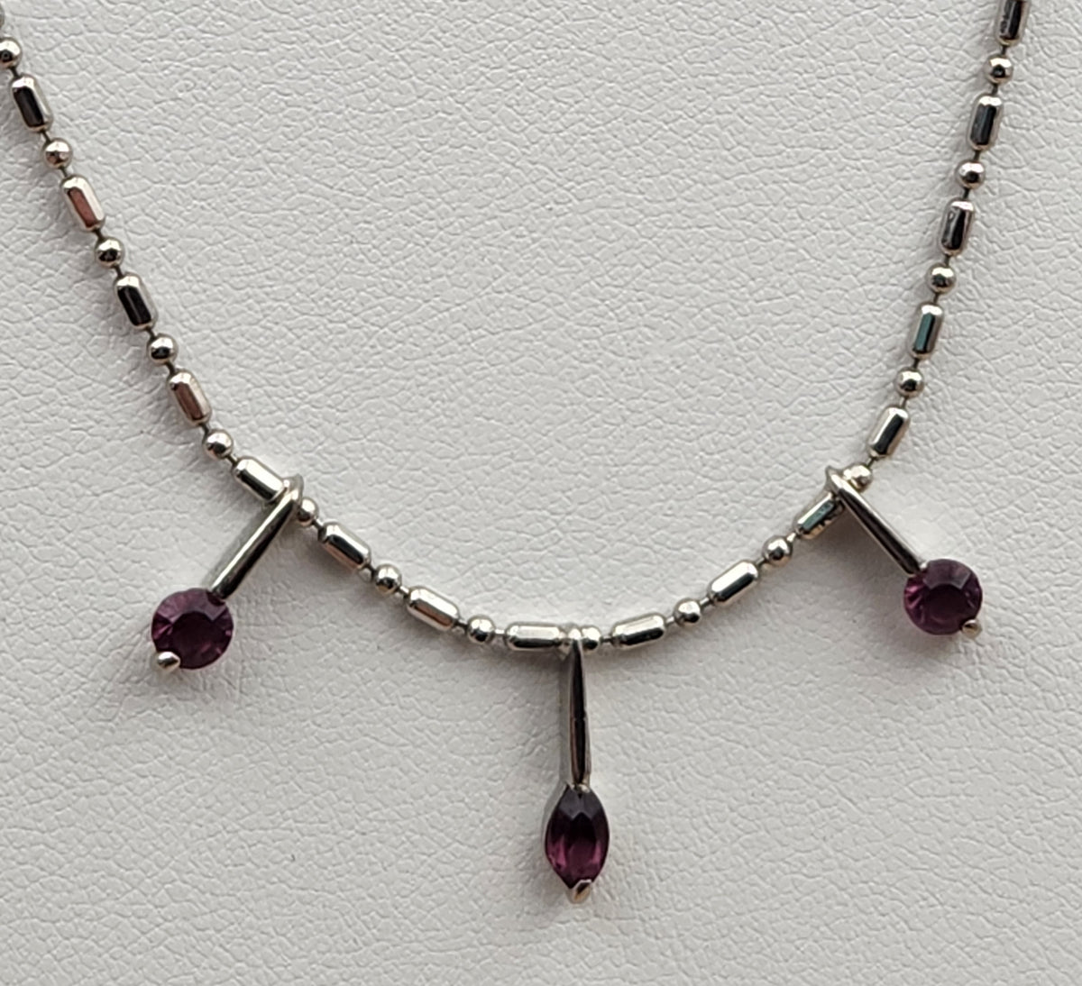 Silver Tone/Purple Glass/ Bar and Bead 18"Necklace with 3 Dangle Pendants