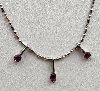 Silver Tone/Purple Glass/ Bar and Bead 18"Necklace with 3 Dangle Pendants