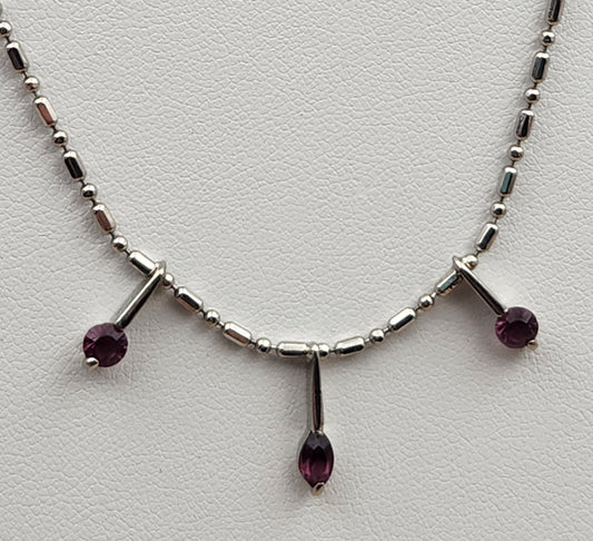 Silver Tone/Purple Glass/ Bar and Bead 18"Necklace with 3 Dangle Pendants