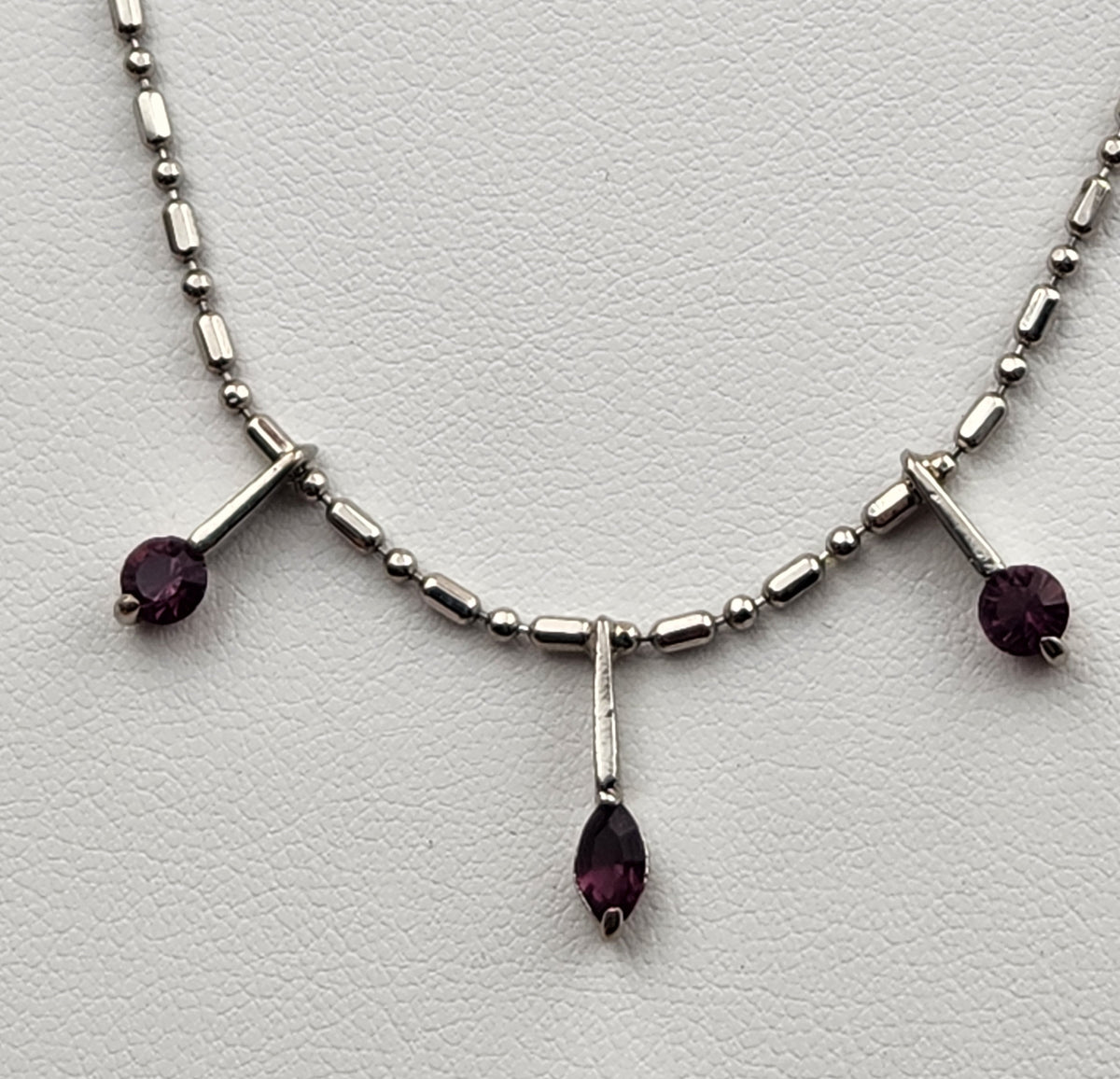 Silver Tone/Purple Glass/ Bar and Bead 18"Necklace with 3 Dangle Pendants
