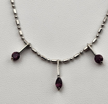 Silver Tone/Purple Glass/ Bar and Bead 18"Necklace with 3 Dangle Pendants