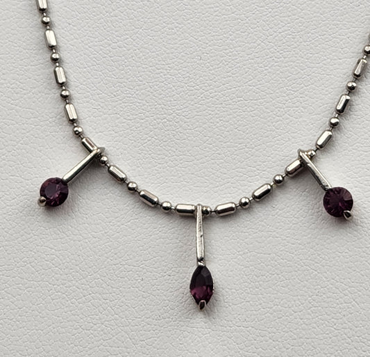 Silver Tone/Purple Glass/ Bar and Bead 18"Necklace with 3 Dangle Pendants