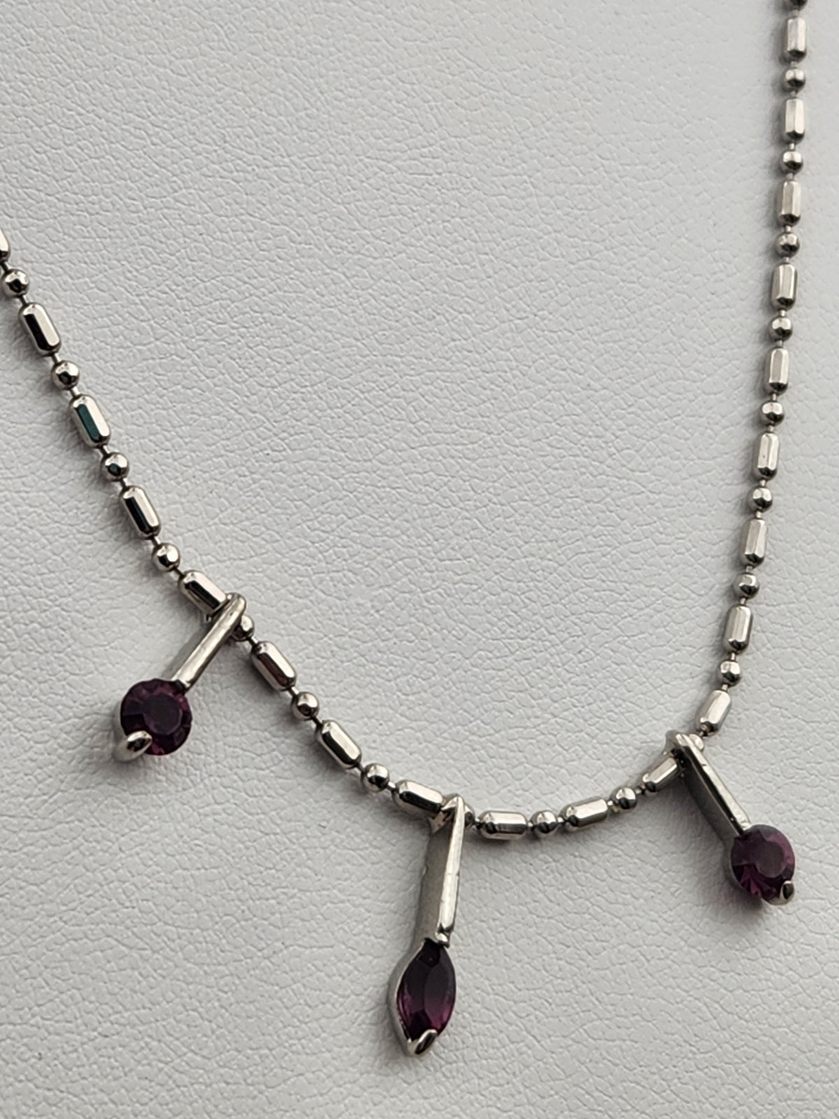 Silver Tone/Purple Glass/ Bar and Bead 18"Necklace with 3 Dangle Pendants