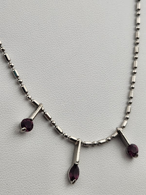Silver Tone/Purple Glass/ Bar and Bead 18"Necklace with 3 Dangle Pendants