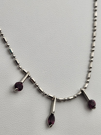 Silver Tone/Purple Glass/ Bar and Bead 18"Necklace with 3 Dangle Pendants
