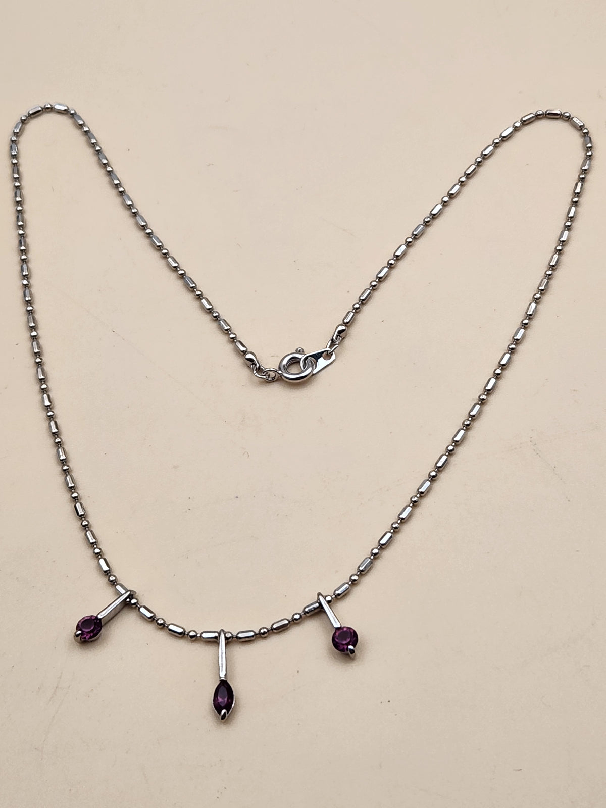 Silver Tone/Purple Glass/ Bar and Bead 18"Necklace with 3 Dangle Pendants