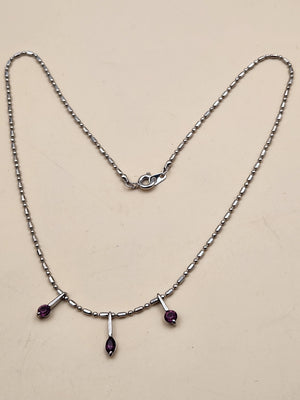 Silver Tone/Purple Glass/ Bar and Bead 18"Necklace with 3 Dangle Pendants