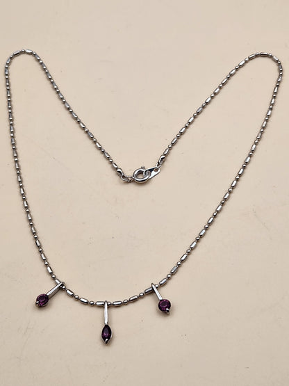 Silver Tone/Purple Glass/ Bar and Bead 18"Necklace with 3 Dangle Pendants