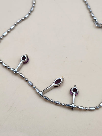 Silver Tone/Purple Glass/ Bar and Bead 18"Necklace with 3 Dangle Pendants