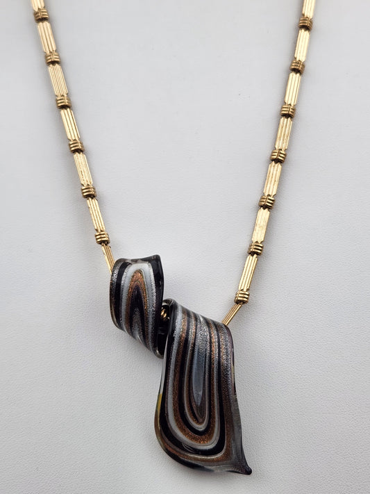 Murano Style Black/Gold/Silver Lampwork Art Glass 3" Swirl Pendant on Gold Tone 16" Necklace