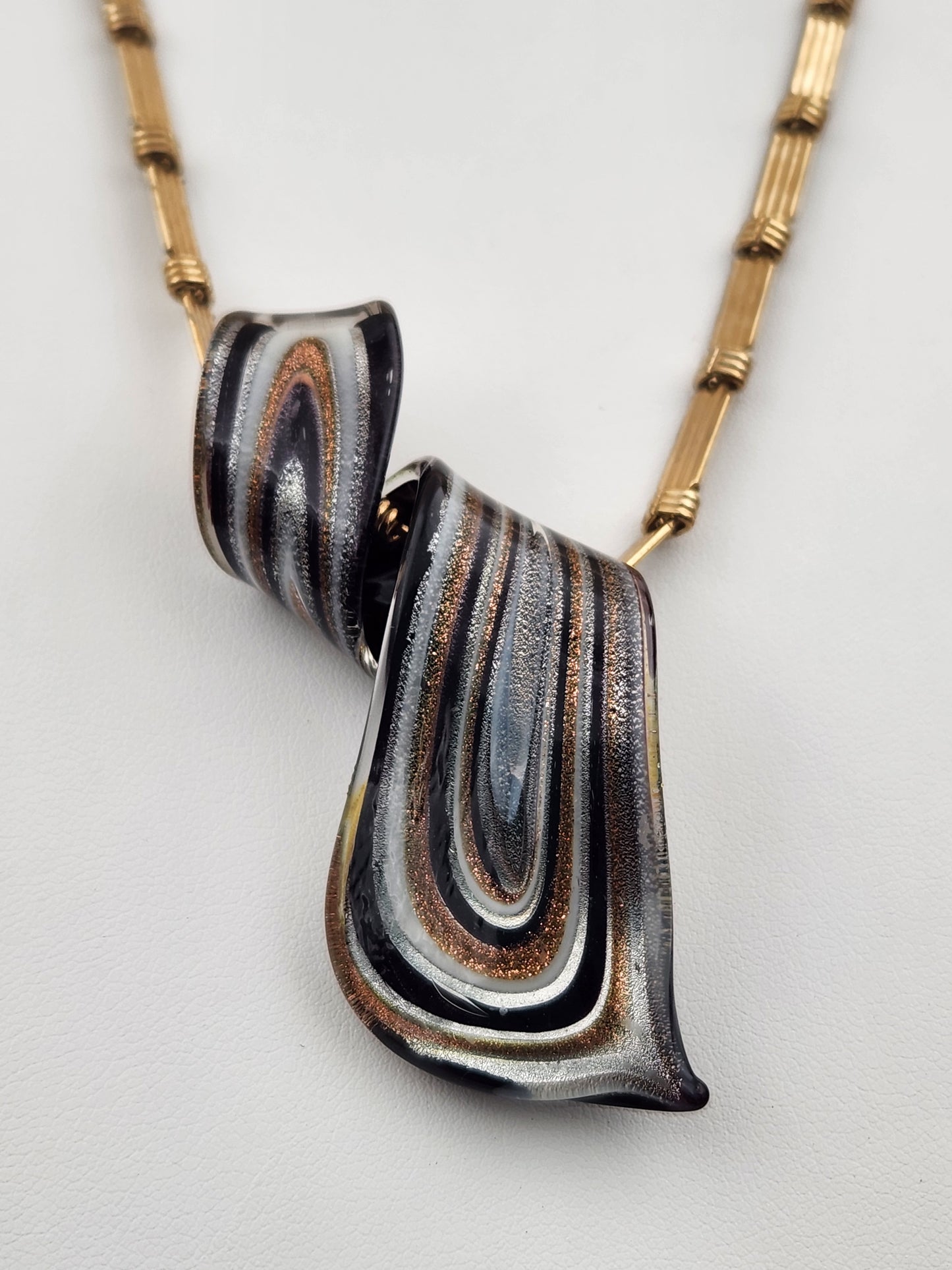 Murano Style Black/Gold/Silver Lampwork Art Glass 3" Swirl Pendant on Gold Tone 16" Necklace