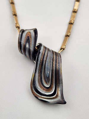 Murano Style Black/Gold/Silver Lampwork Art Glass 3" Swirl Pendant on Gold Tone 16" Necklace