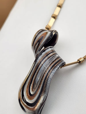 Murano Style Black/Gold/Silver Lampwork Art Glass 3" Swirl Pendant on Gold Tone 16" Necklace