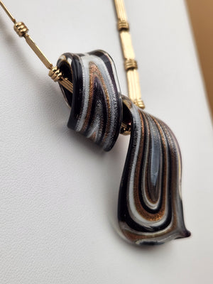 Murano Style Black/Gold/Silver Lampwork Art Glass 3" Swirl Pendant on Gold Tone 16" Necklace