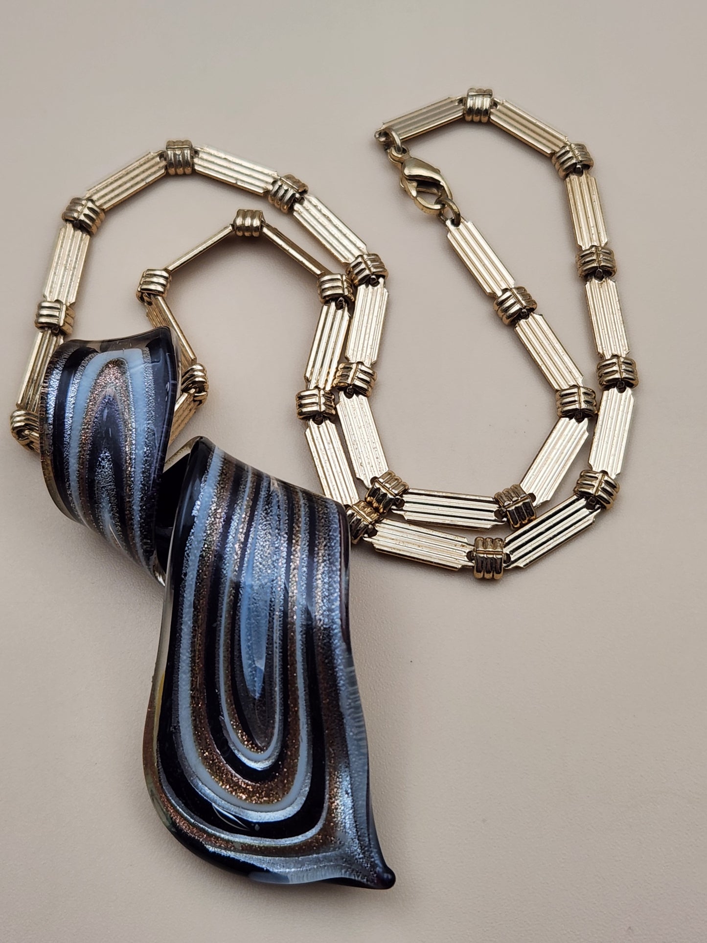 Murano Style Black/Gold/Silver Lampwork Art Glass 3" Swirl Pendant on Gold Tone 16" Necklace