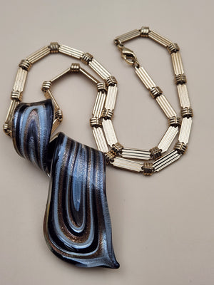Murano Style Black/Gold/Silver Lampwork Art Glass 3" Swirl Pendant on Gold Tone 16" Necklace