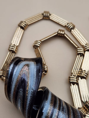 Murano Style Black/Gold/Silver Lampwork Art Glass 3" Swirl Pendant on Gold Tone 16" Necklace