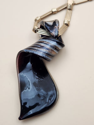 Murano Style Black/Gold/Silver Lampwork Art Glass 3" Swirl Pendant on Gold Tone 16" Necklace