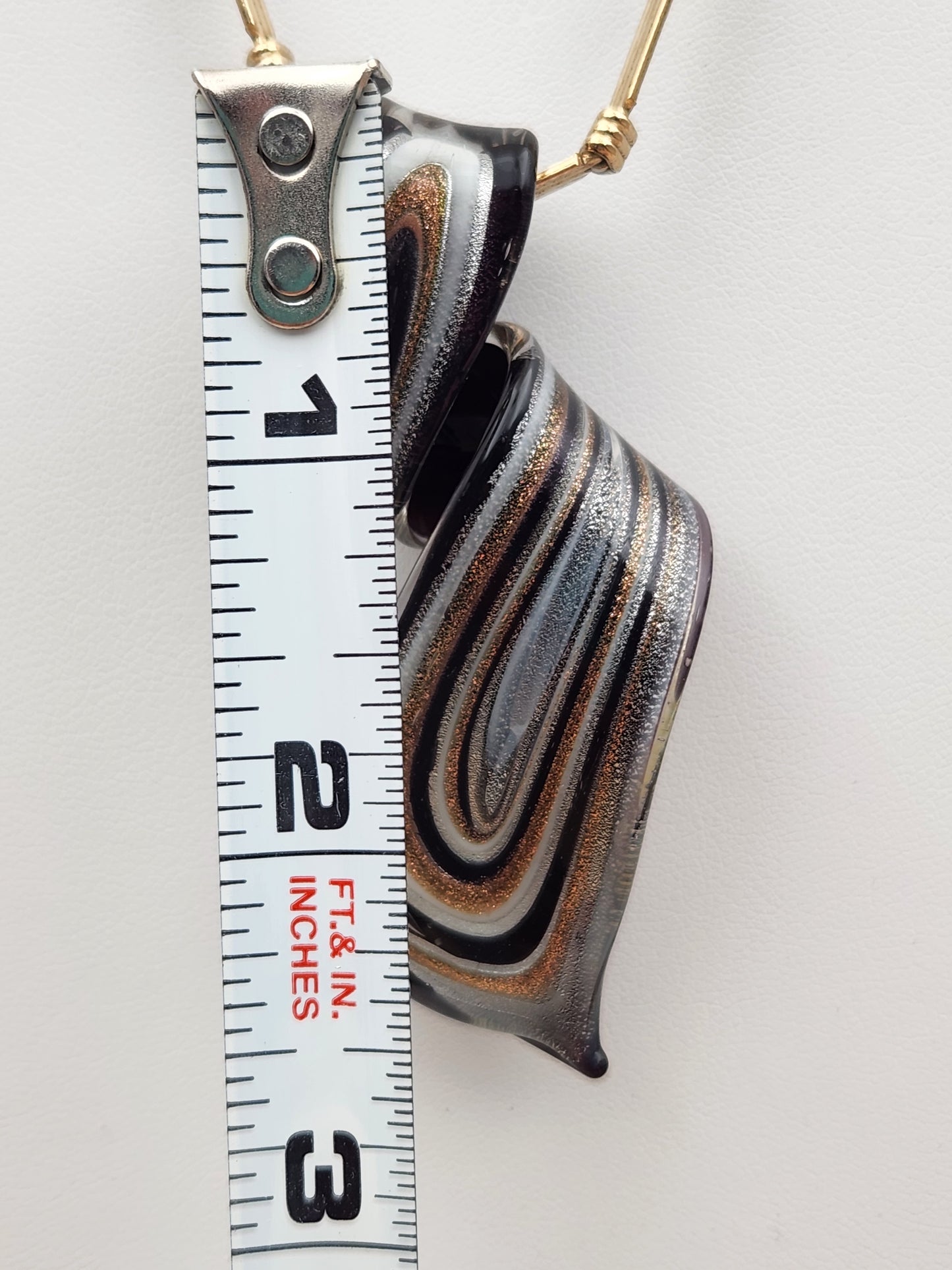 Murano Style Black/Gold/Silver Lampwork Art Glass 3" Swirl Pendant on Gold Tone 16" Necklace