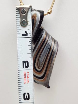 Murano Style Black/Gold/Silver Lampwork Art Glass 3" Swirl Pendant on Gold Tone 16" Necklace