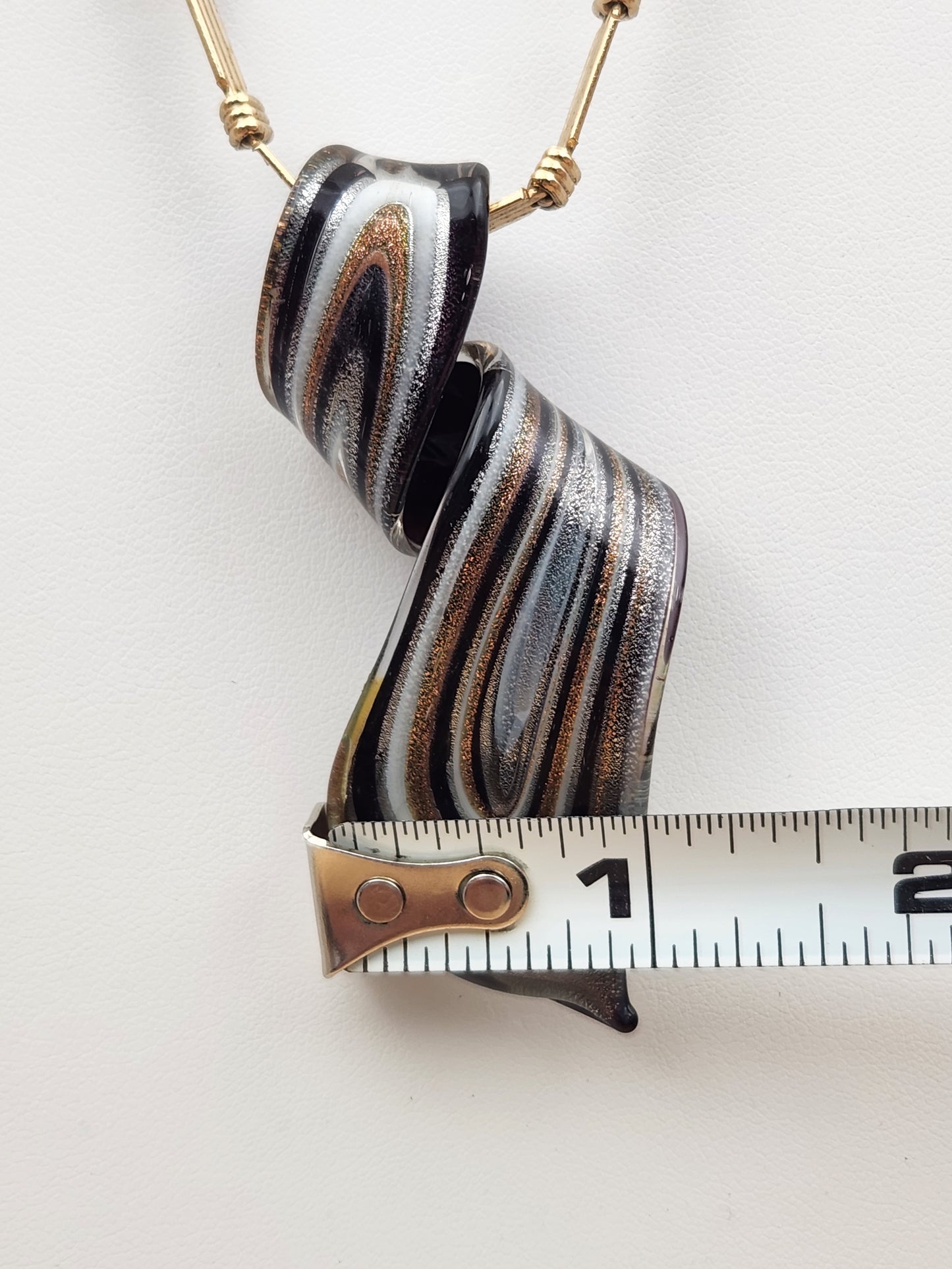 Murano Style Black/Gold/Silver Lampwork Art Glass 3" Swirl Pendant on Gold Tone 16" Necklace