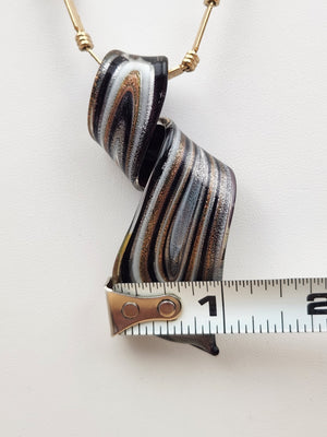 Murano Style Black/Gold/Silver Lampwork Art Glass 3" Swirl Pendant on Gold Tone 16" Necklace