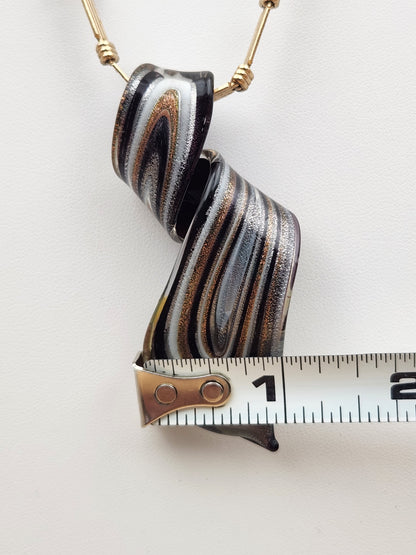 Murano Style Black/Gold/Silver Lampwork Art Glass 3" Swirl Pendant on Gold Tone 16" Necklace