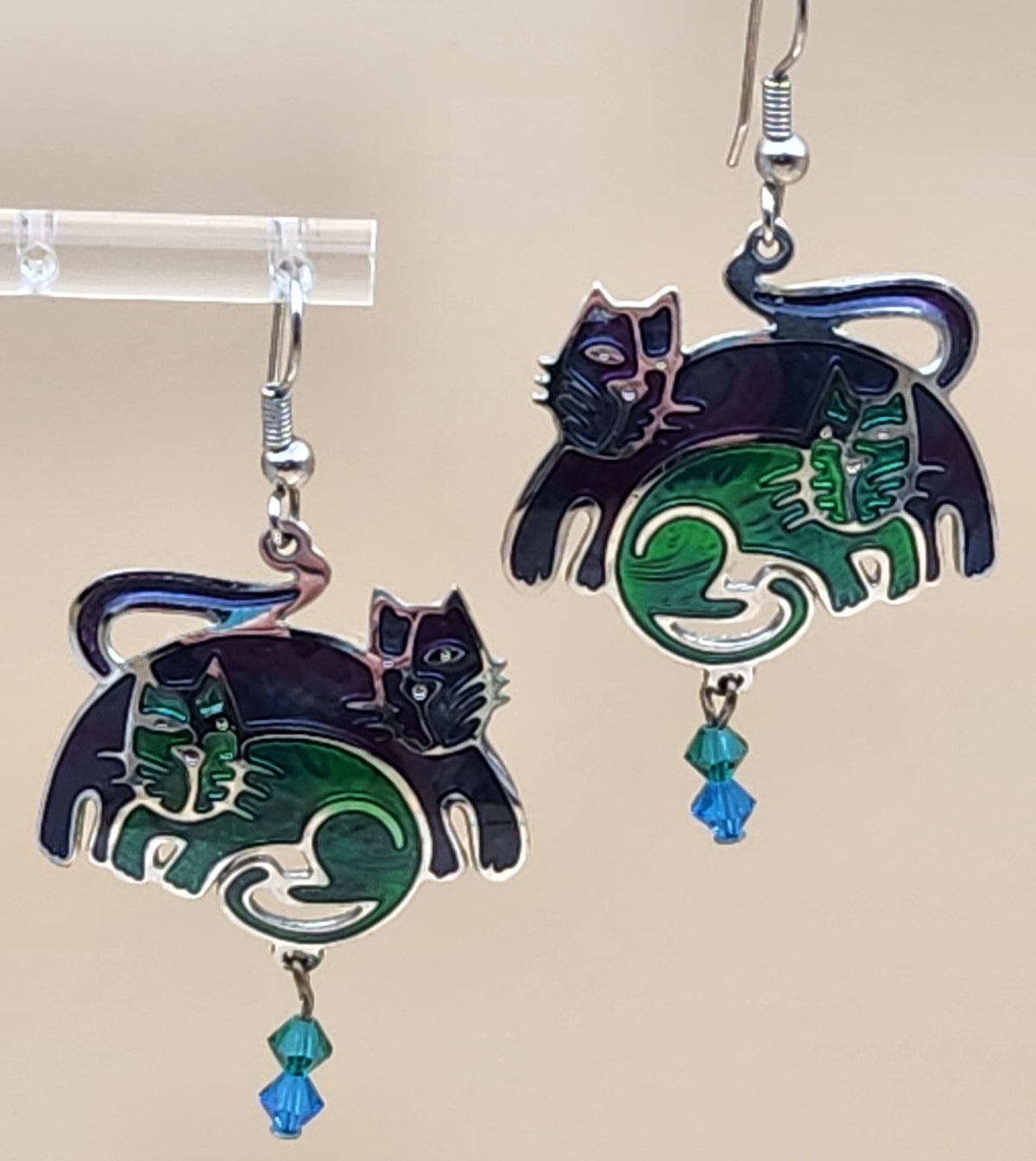 EDGAR BEREBI Blue/Green Hand Painted Enamel Stylized Cats/Crystal Beaded Dangle Earrings