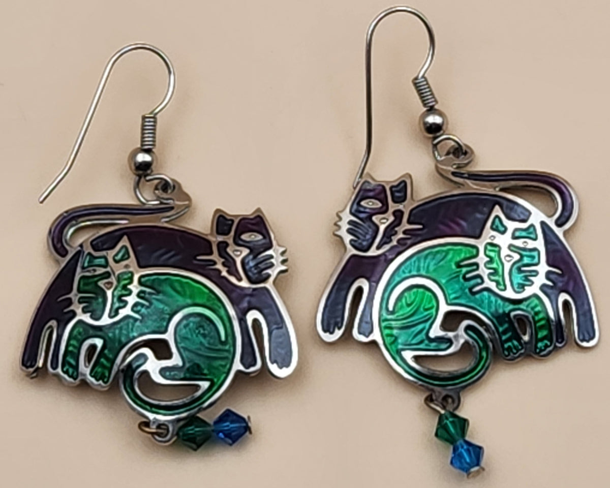 EDGAR BEREBI Blue/Green Hand Painted Enamel Stylized Cats/Crystal Beaded Dangle Earrings