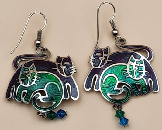EDGAR BEREBI Blue/Green Hand Painted Enamel Stylized Cats/Crystal Beaded Dangle Earrings