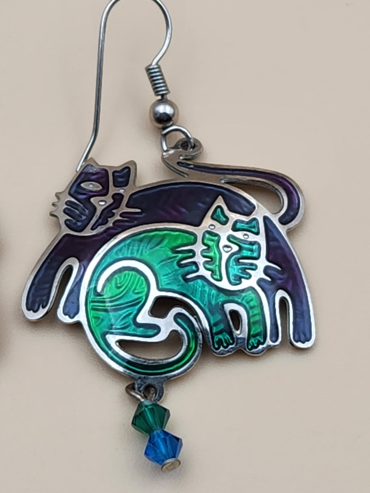 EDGAR BEREBI Blue/Green Hand Painted Enamel Stylized Cats/Crystal Beaded Dangle Earrings