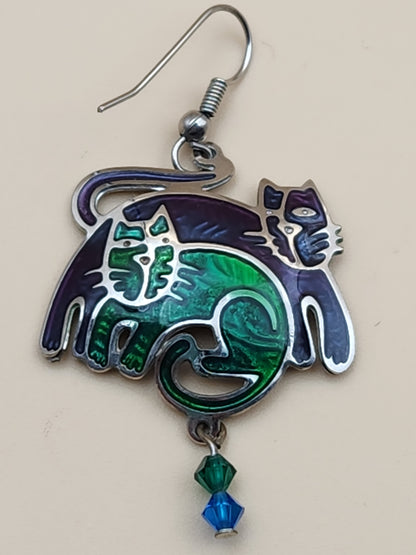 EDGAR BEREBI Blue/Green Hand Painted Enamel Stylized Cats/Crystal Beaded Dangle Earrings