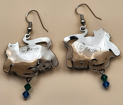 EDGAR BEREBI Blue/Green Hand Painted Enamel Stylized Cats/Crystal Beaded Dangle Earrings
