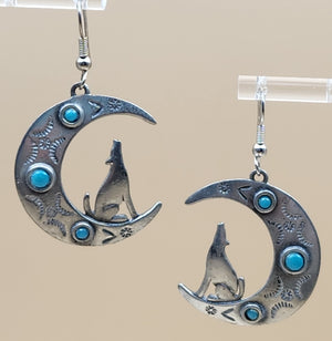 JONETTE JEWELRY JJ Pewter/Turquoise/Crescent Moon and Wolf Cutout Dangle Earrings